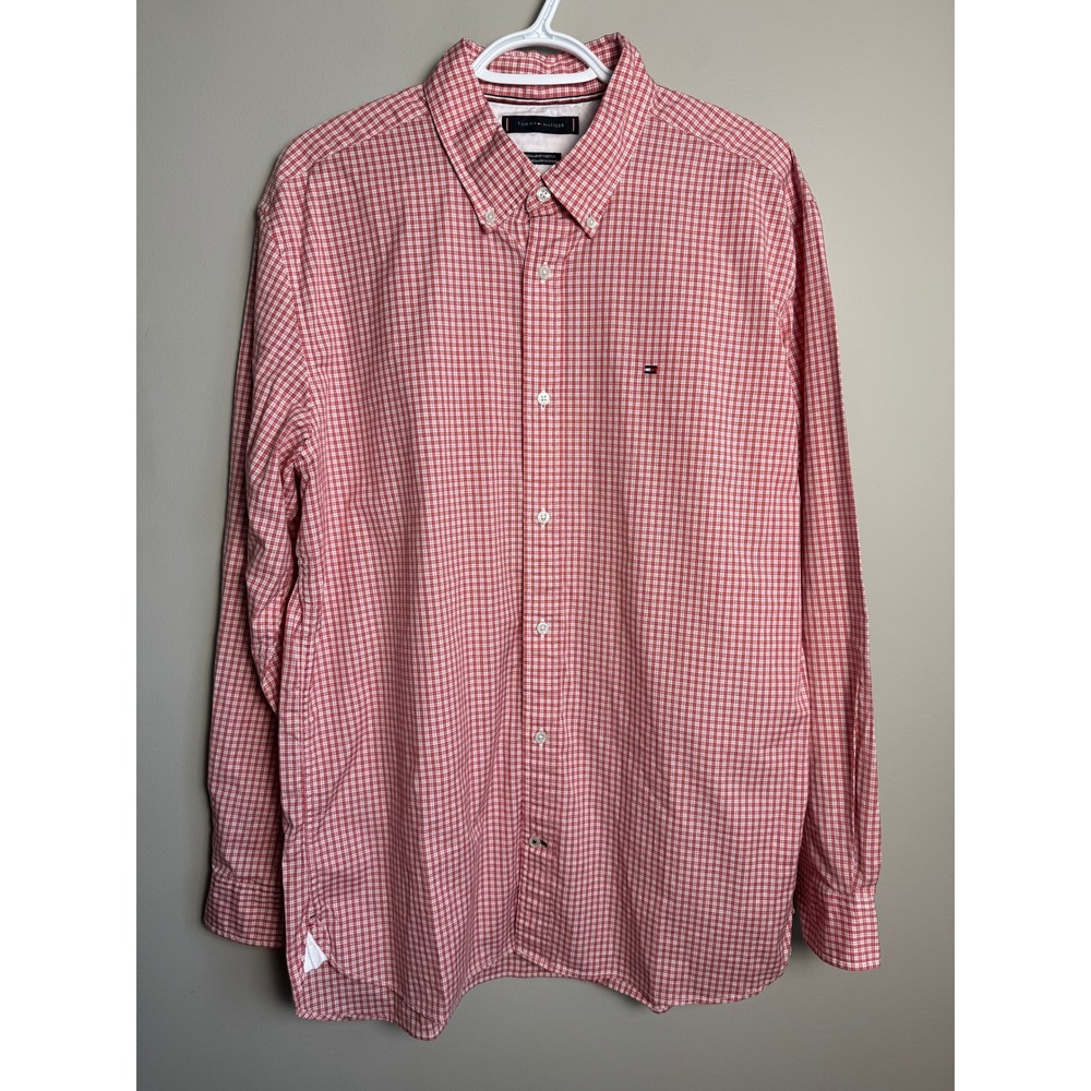Tommy Hilfiger Mens Red Gingham Button Down Shirt XL Preppy Classic Ivy Stretch